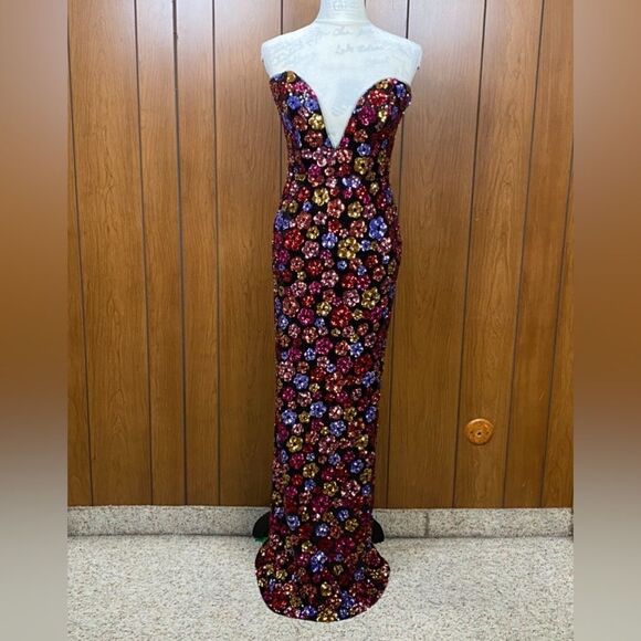 Marchesa Notte Strapless Plunging Floral Sequin Column Gown size 6 - Picture 4 of 13